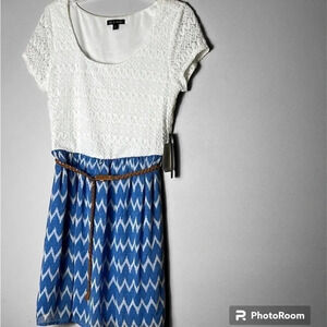 Coastal cowgirl white ,blue belted cap sleeve dress with crochet top and chevron